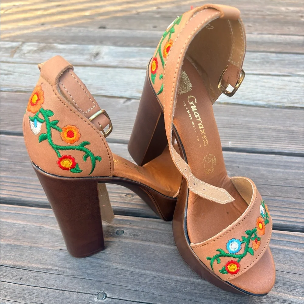 Tan Floral Embroidered Women's Heels - Picture 1 of 9